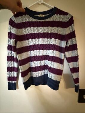 L.L. Bean Striped Cable Knit Crewneck Sweater in Plum and Light Gray